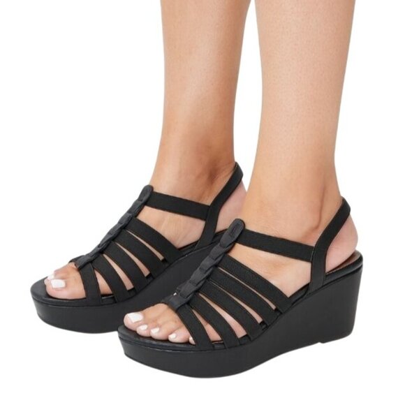 NEW Easy Spirit Avinna Faux Leather Strappy Platform Wedge Sandals Black Size 10 - Picture 1 of 9